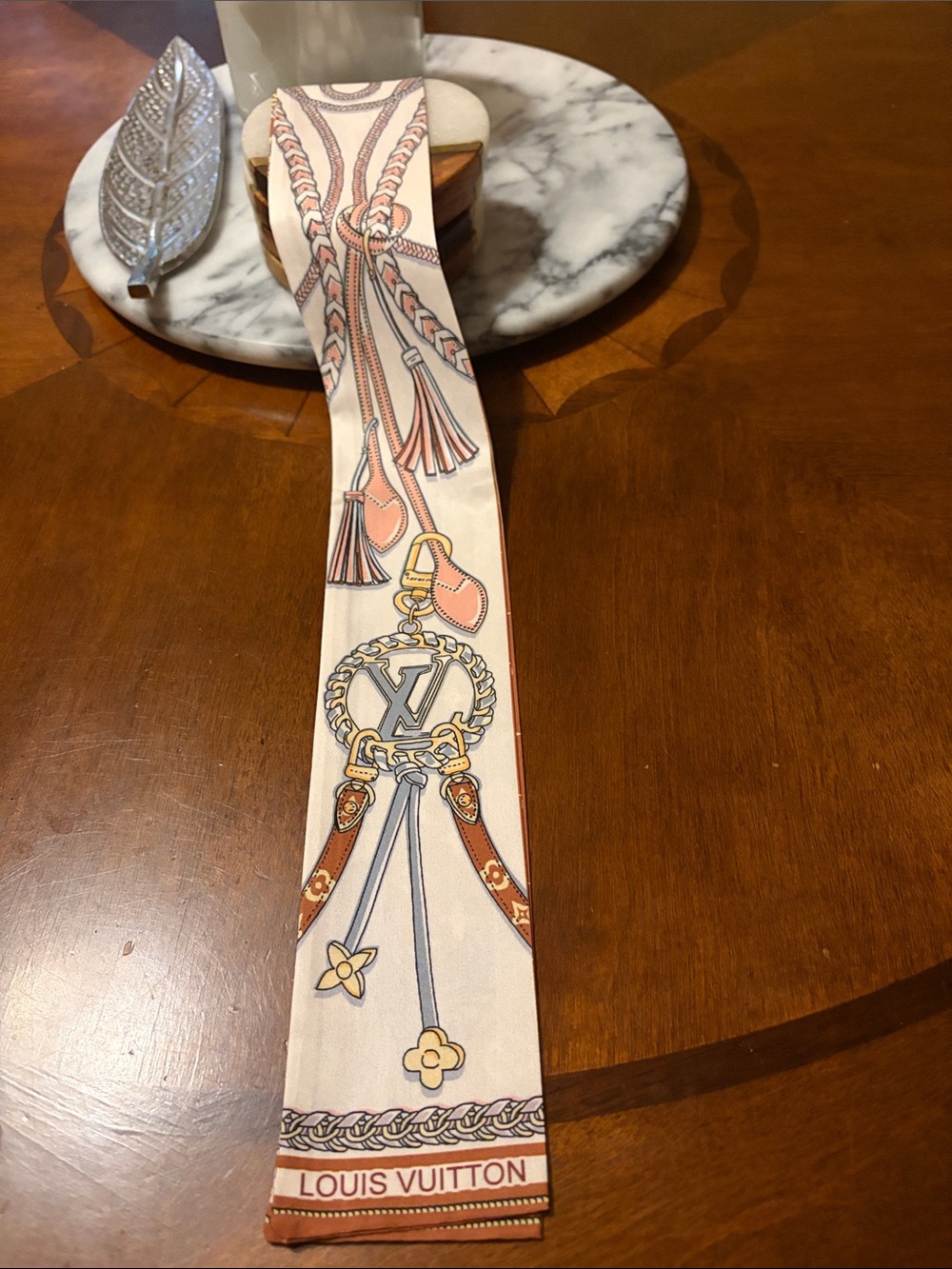 Louis Vuitton Cream, Tan & Gold Silk Twilly with Monogram Tassel Motif